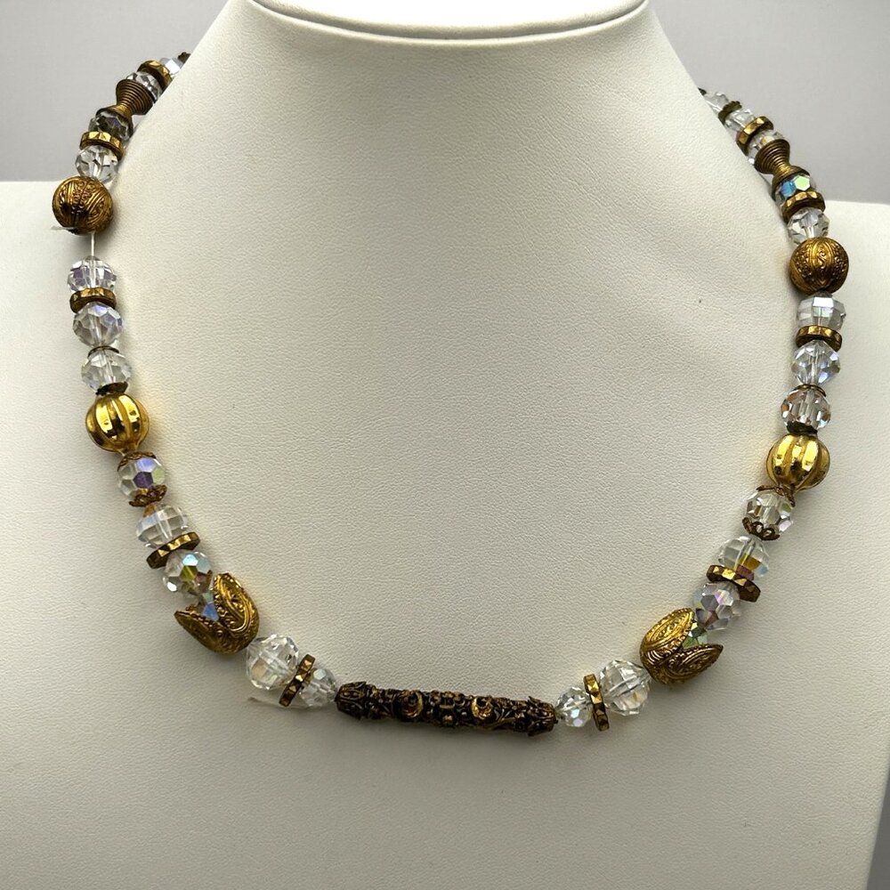 Vintage Czechoslovakia Necklace Gold Filled Clasp Crystal Beads Filigree